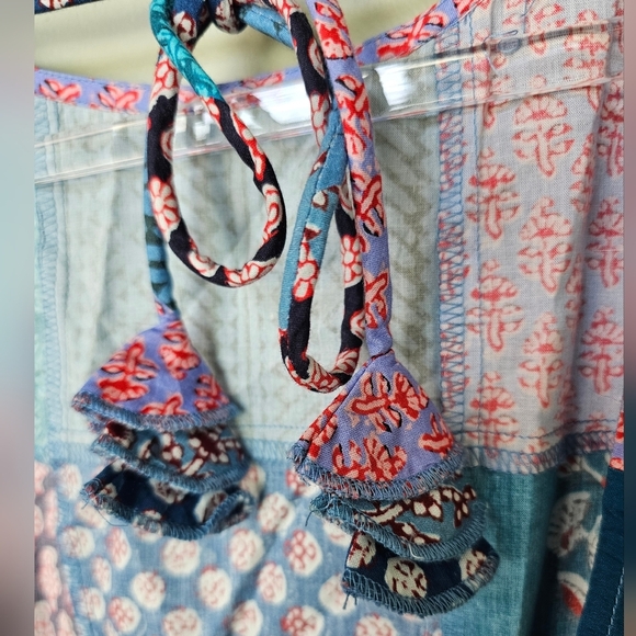 BOTEH Cedella Low-Back 100% Cotton Midi Dress, Patchwork Aquamarine Motif, Sz 4 - Picture 14 of 16